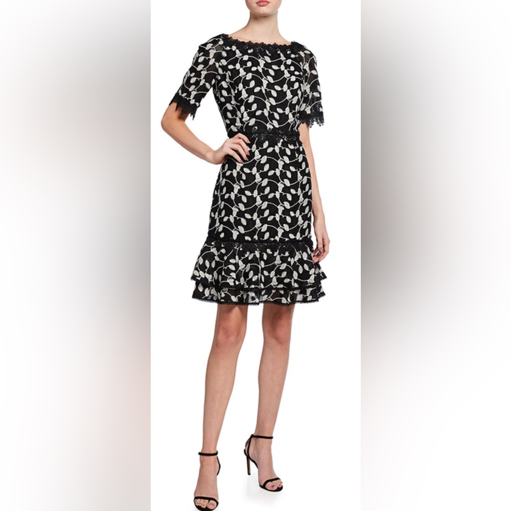Shani NWT Black/White Two Tone Lace Bateau Neck Ruffle Hem Dress